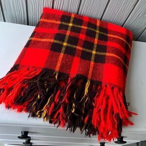 VTG Red Plaid Wool Blend Blanket Throw Fringed 54x54 Camp Picnic Stadium